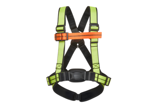 A high-visibility yellow and black full-body safety harness with an orange chest strap, isolated on a white background.