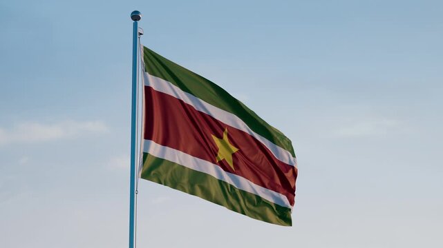 Suriname, Paramaribo: Cinematic Waving National Flag Against Blue Sky