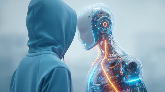 Dramatic encounter between human and AI, neon-lit circuitry, glassy biomechanical silhouette, city lights in the background. - Powered by Adobe