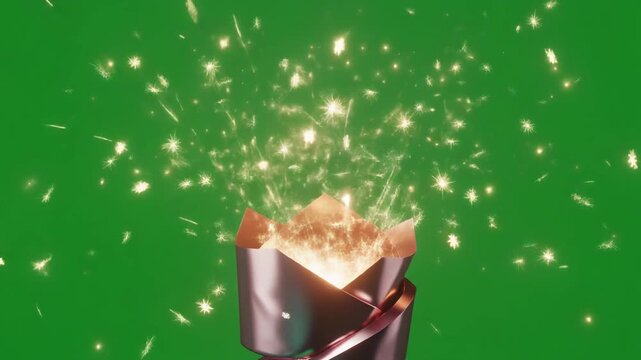 A vibrant burst of sparkling golden light erupts from a beautifully wrapped rose gold package, isolated on a bright green screen for dynamic visual effects.