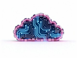 Cloud Computing icon with glowing neon digital circuit board - 3D render high-tech data and networking concept