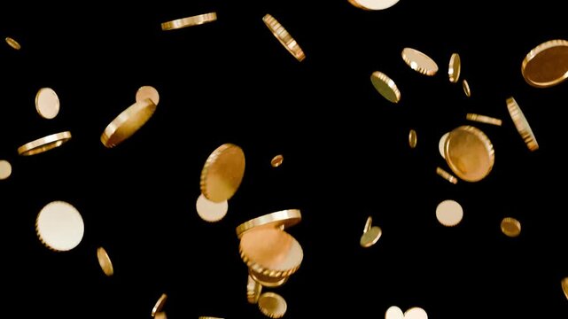 golden 3d coins falling from above, black background