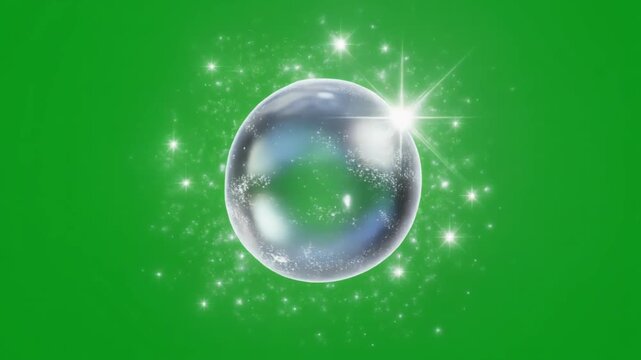 A luminous transparent sphere with shimmering reflections and sparkling particles floats gracefully against a vibrant green background, evoking magic and purity.