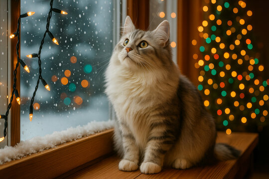 Cozy winter scene with fluffy cat sitting on windowsill looking at falling snow and holiday lights in warm festive home