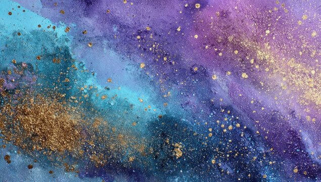 Watercolor, teal and violet with golden flecks abstract art - Powered by Adobe