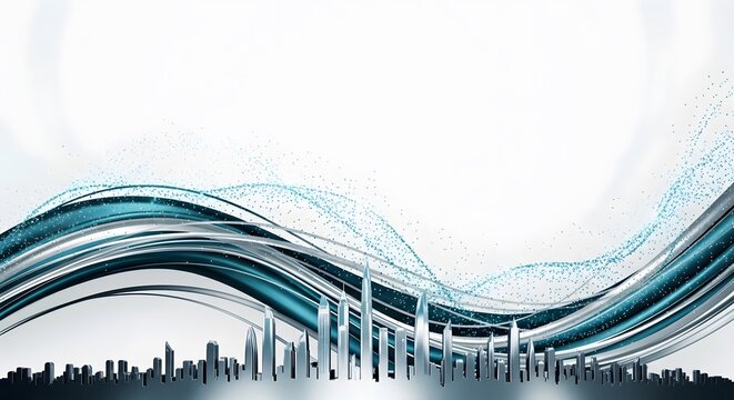 Modern Cityscape with Dynamic Digital Waves and Copy Space perfect for Website banner, presentation slide, corporate report, technology brochure,