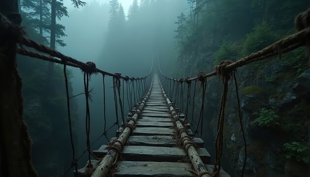 Rustic wooden rope bridge spans misty ravine. Foggy forest surrounds deep canyon with sheer rock walls. Overgrown path leads across rickety walkway over chasm. - Powered by Adobe