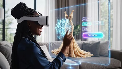 A woman immersed in virtual reality, using 4K technology to escape into a digital world of serenity and relaxation, perfect for representing the concept of unwinding from a long day or capturing. - Powered by Adobe