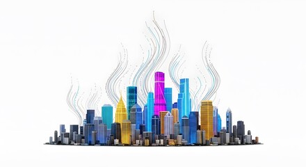 Naklejka premium Futuristic Smart City with Vibrant Digital Data Flow perfect for website banner, technology blog, corporate presentation, marketing materials, annual