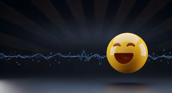 Laughing Emoji with Digital Sound Wave on Dark Background perfect for social media posts, website banners, blog headers, app interfaces, presentations