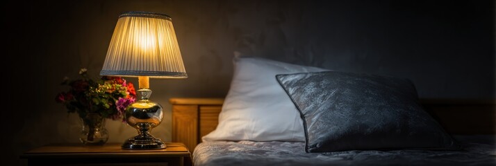 Soft light illuminates a bedside table lamp and pillows.