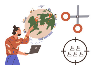 Woman points at globe while using laptop, surrounded by global elements. Scissors and targeting icon convey strategy, teamwork. Ideal for business, logistics, technology, global reach, teamwork
