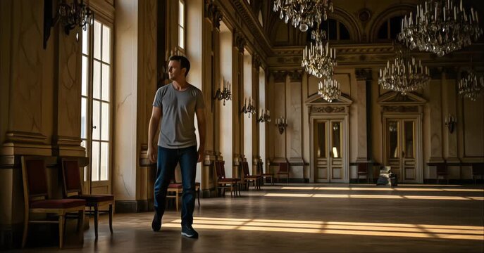 Young man walking through a grand ornate palace hall with chandeliers and sunlight streaming through tall windows