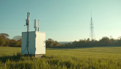 White box unit with antennas and wires sits in green field. Blue sky above trees and distant power pylon on sunny day. Rural landscape with tech infrastructure.