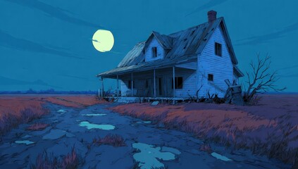 Abandoned farmhouse under a pale moon on a field at night.
