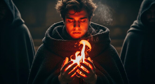 Man, a wizard, holding fire in his bare hands. Fantasy adventure and magic concept for storytelling and hero journey.