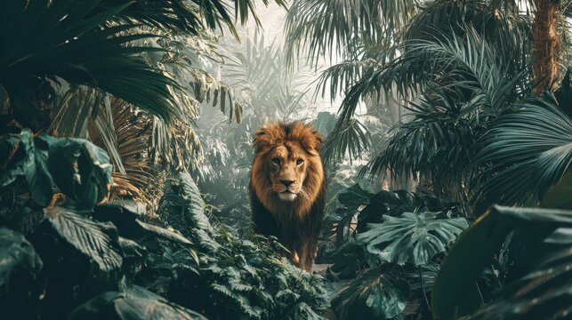 Majestic male lion emerges from dense tropical foliage with an intense gaze