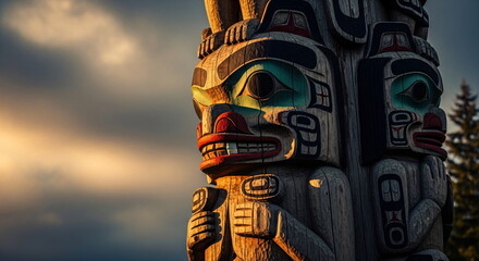 Wooden totem pole with ornate carvings against a dark background, representing indigenous art and culture. Ancient spiritual symbol for history and heritage.