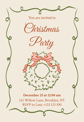 Retro Christmas party invitation template in a red, elegant, coquette style. Vntage vector card with a doodle Christmas wreath.