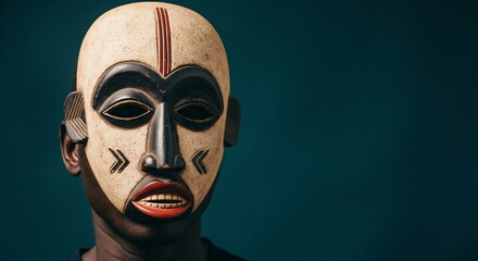 Traditional african mask with red and white geometric patterns, a symbol of african culture and spirituality, for art and history concept.