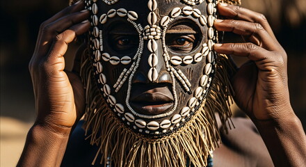 Man in traditional african wooden mask with tribal patterns and decorative cowrie shells, representing culture, history, and ancient spirituality.