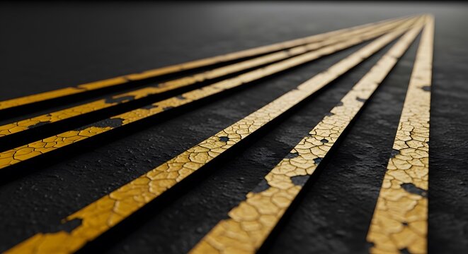 Worn Yellow Lines on Dark Asphalt Road with Converging Perspective perfect for website banner, presentation background, editorial content, blog header