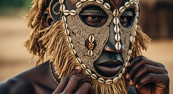 Man in traditional african wooden mask with tribal patterns and decorative cowrie shells, representing culture, history, and ancient spirituality. - Powered by Adobe