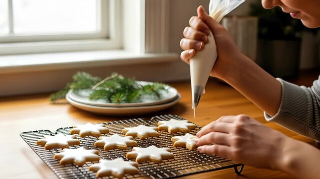 Hands decorating star shaped cookies with white icing, soft light enhances fest feeling, concept for christmas promotions.