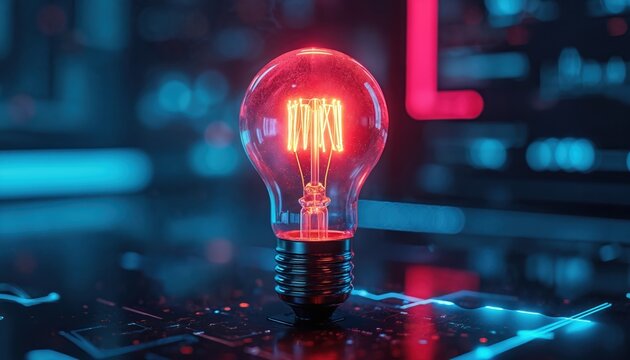 Vibrant neon light bulb emits intense red glow illuminating complex digital circuit board. Futuristic design suggests innovation, technological advancement. Bold color contrast creates striking