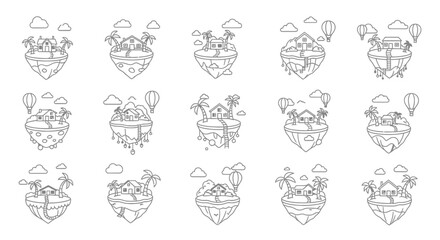 Whimsical floating islands showcase charming houses and tropical palms, perfect for creative projects and escapist themes © rohmat