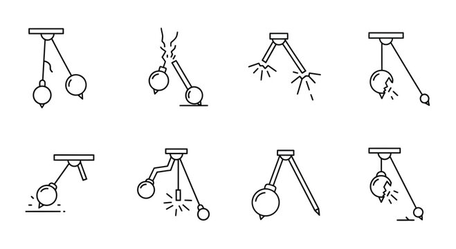 Dynamic scientific concept icons showcase physics principles motion energy impact and forces demonstrating cause effect relationships in clear line art