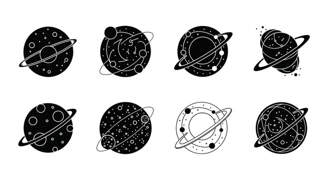 Dynamic collection of stylized planets with rings and stars, perfect for science and space-themed designs