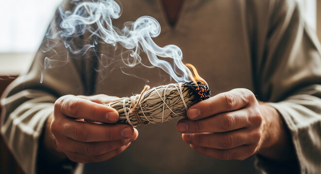 Man holding smoking smudge stick bundle in hand. Cleansing ritual with burning sage. Spiritual practice for meditation and healing
