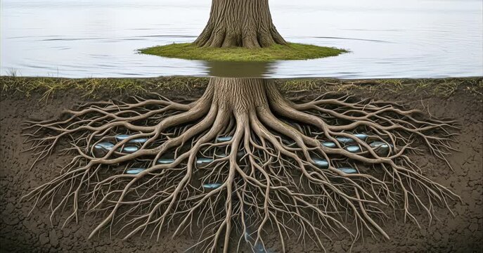 Cross-section animation of a tree absorbing water and nutrients through roots with glowing blue particles moving upward from the soil