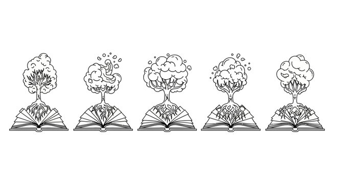 Discover the profound growth and knowledge blossoming from open books, symbolizing wisdom's enduring power and imagination's vibrant journey.