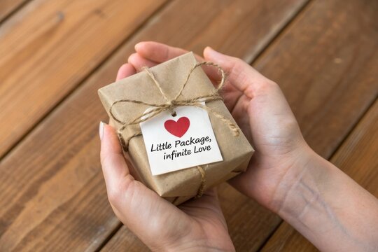 Hands holding a small brown gift box tied with twine, with a heart tag that says little packages, infinite love