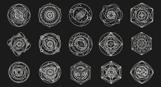 Mystical magical circles and geometric shapes create an enchanting cosmic and arcane design collection for fantasy projects