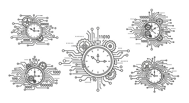 Dynamic digital clocks with intricate circuitry and gears symbolize technological advancement and the relentless march of time for modern innovation