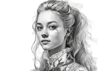Fototapeta premium An elegant black and white portrait of a young woman, executed in a finely detailed artistic technique 