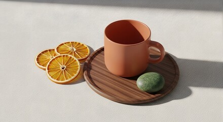 Minimalist Terracotta Mug with Dried Oranges and Green Stone in Sunlight perfect for Website header, blog post, social media content, home decor