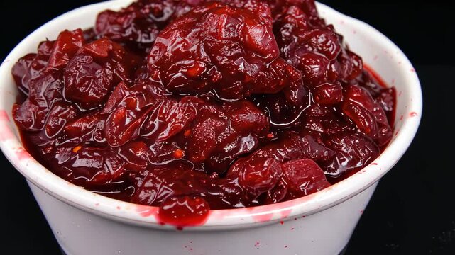 Cranberry Delight: A close-up view of a bowl filled with glistening, vibrant cranberry sauce, showcasing the rich texture and ruby color. It's a culinary treat.