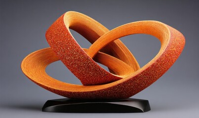 Intertwined rings of vibrant wood sculpture.