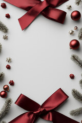 Gift box wrapped in deep red ribbon, surrounded by pine branches, ornaments, and pine cones, creating a festive holiday atmosphere with elegant presentation