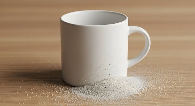 White Ceramic Mug with Spilled Sugar on Wooden Table perfect for website banner, blog post, social media, advertisement, recipe book, culinary blog,