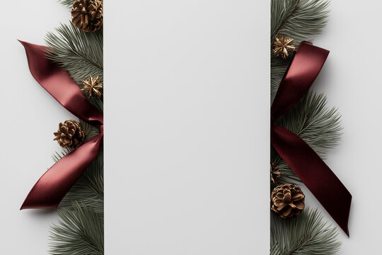 Gift box wrapped in deep red ribbon, surrounded by pine branches, ornaments, and pine cones, creating a festive holiday atmosphere with elegant presentation