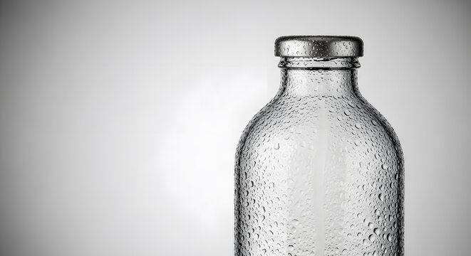 Monochrome Wet Glass Bottle with Metal Cap perfect for Beverage advertising, packaging design, environmental campaigns, health and wellness content,