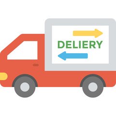 Red Delivery Truck With White Cargo Box Featuring Green Text Delivery And Blue Yellow Arrows On Transparent Background
