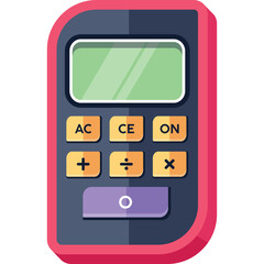 Red digital calculator with green screen and purple button on a transparent background showcasing buttons for arithmetic operations and power function in a clean flat design style