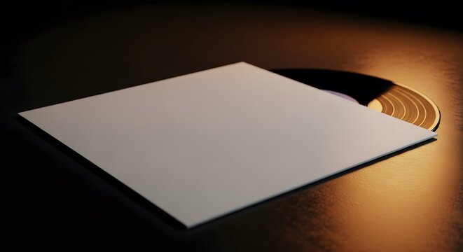 Blank Vinyl Record and Sleeve Mockup with Warm Lighting on Dark Background perfect for Album art mockup, music branding, website banner, blog visuals,