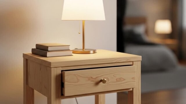 A cozy bedroom scene featuring a modern wooden bedside table with an elegant lamp and books as